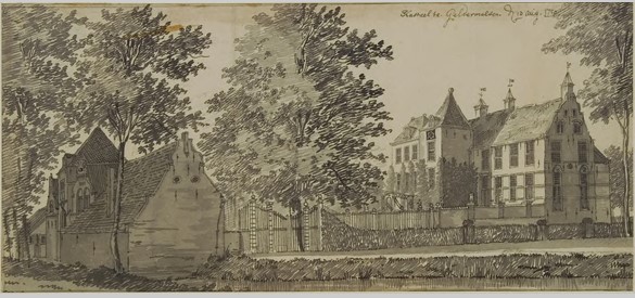 Paul(us) van Liender tekende in 1750 dit aanzicht van het Huis te Geldermalsen.