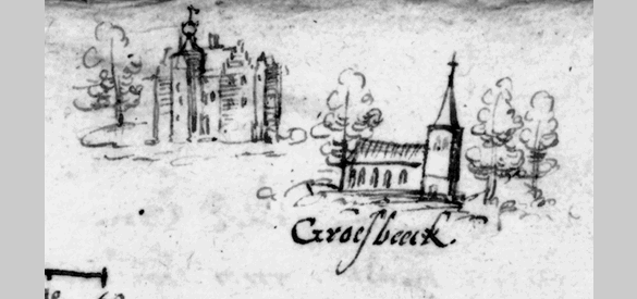 Het kasteel en de dorpskerk afgebeeld op de boskaart van Thomas Witteroos, getekend in 1570.