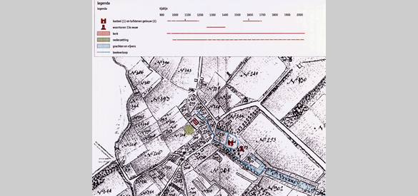 Kaart van de Heerlijkheid Groesbeek van J. van Aarden uit 1768 met in rood aangegeven de plattegronden van kerk en kasteel.