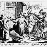 Het plunderen door soldaten is van alle tijden. Op de prent is een overval afgebeeld op een boerderij tijdens de Nederlandse Opstand (1568 – 1648). © Uit: van Heiningen, Tussen Maas en Waal (1971), p. 145.