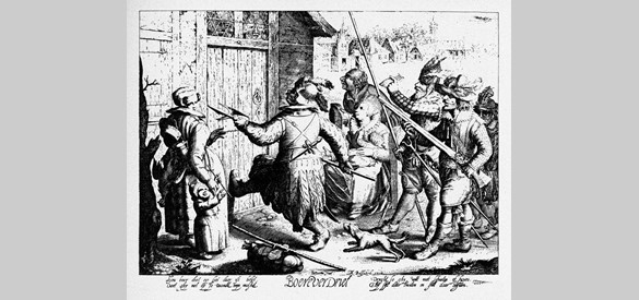 Het plunderen door soldaten is van alle tijden. Op de prent is een overval afgebeeld op een boerderij tijdens de Nederlandse Opstand (1568 – 1648).
