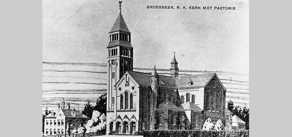 De tekening van de in 1922 gebouwde Cosmas & Damianuskerk. De hoge klokkentoren is nooit gebouwd.