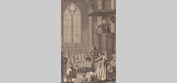 ‘Beroering onder den godsdienst te Nieuwkerk’, gravure uit 1788 van Reinier Vinkeles (Atlas van Stolk, inventarisnummer 6376).