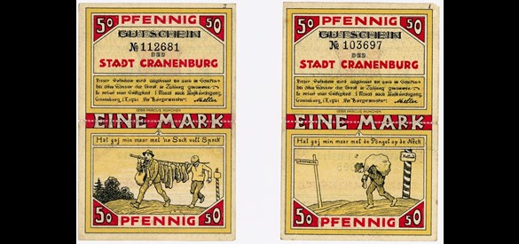 Het noodgeld van Kranenburg uit 1921 is gedrukt met afbeeldingen van smokkelaars en smokkelhandel.