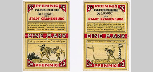 Het noodgeld van Kranenburg uit 1921 is gedrukt met afbeeldingen van smokkelaars en smokkelhandel.