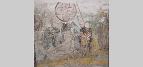 De Kruisiging van Jezus in Eusebiuskerk. Beschadigde muurschildering door de beeldenstorm.