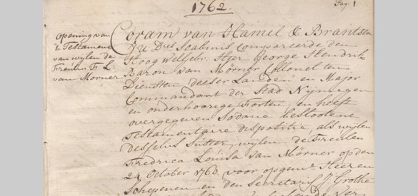 Eerste pagina van het testament dat Lippert in 1765 in Arnhem laat vastleggen, dit testament was eerder opgemaakt in Suriname in 1730. Lippert machtigt de heer Opten Noorth het testament in Arnhem te registeren