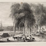 Waterkant, bij de Surinamerivier Paramaribo, in de tijd dat Van Herwaarden in Suriname woonde © Pierre Jacques Benoit, 1839, PD