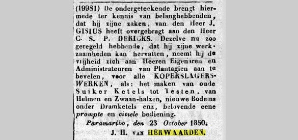 Van Herwaarden biedt in Suriname zijn diensten als koperslager aan. Surinaamsche Courant 23 oktober 1850