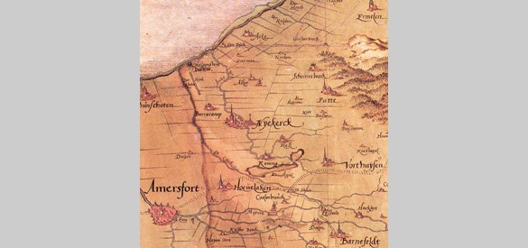 Kaart van de Veluwe waarop duidelijk het gerealiseerde deel van de Nieuwe Rijn te zien is. Vervaardiger: Christiaan sGrooten, ca. 1568 (Atlas Brussel).
