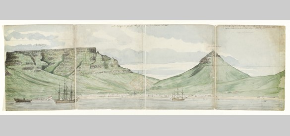 De Tafelberg en Kaapstad gezien vanaf de zee, Jan Brandes, 1787