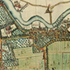Het plangebied (blauwe cirkel) op een kaart uit 1714. De kenmerkende langgerekte vorm van het stratenpatroon is goed zichtbaar. © Utrechts Archief