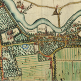 Het plangebied (blauwe cirkel) op een kaart uit 1714. De kenmerkende langgerekte vorm van het stratenpatroon is goed zichtbaar. © Utrechts Archief
