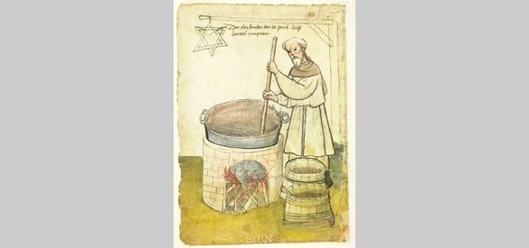 Bierbrouwer en een 14-15e-eeuwse brouwoven in het 'Hausbuch der Mendelschen Zwölfbrüderstiftung'