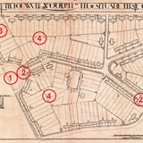 1. Poortplein; 2. Poortgebouwen; 3. Gevarieerde bebouwing; 4. Binnenterrein. (Bewerking Hanneke de Groot). © Eschauzier/Van der Burgh, 1920. Col. Vereniging Oud Ede, CC BY-NC