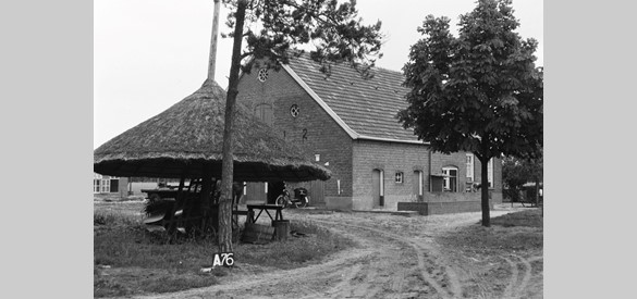 Eenroerder bij een boerderij in Aalten, 1954