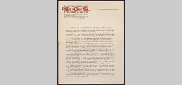 Brief van de Commissie 'S.O.S' waarin men de Nijmeegse burgers verzoekt om 'moreele en financiele medewerking', februari 1938.