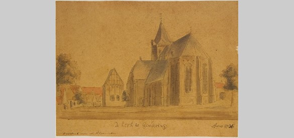 De middeleeuwse kerk in Gendringen die in 1830 grotendeels in vlammen opging, 1731