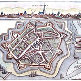 Ingekleurde plattegrond en stadsgezicht van Doesburg in 1654 uitgegeven door Nicolaas Geelkercken.