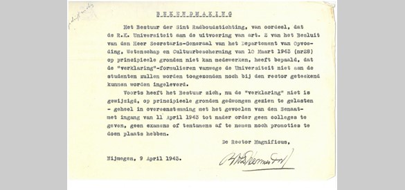 Bekendmaking dat de Katholieke Universiteit Nijmegen op 11 april 1943 sluit