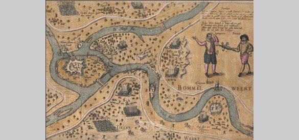 Kaart met rivieren Maas en Waal en strijd Spanjaarden en Staatsen rond fort De Voorn met kampementen. Gravure, gekleurd