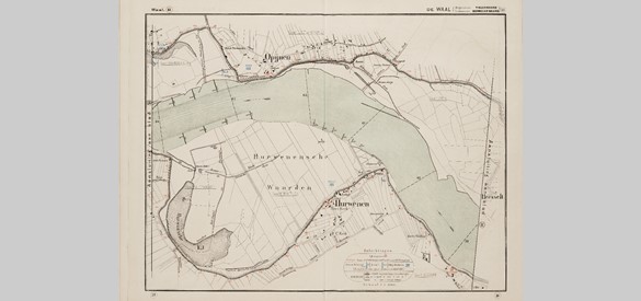 Situatiekaart van de Waal tussen Hurwenen en Opijnen uit 1871