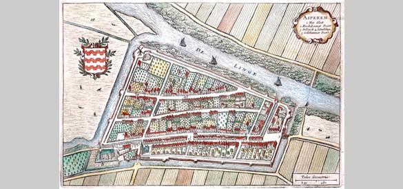 Asperen op de kaart van Blaeu (1649). De kaart toont een groot aantal hooibergen en boomgaarden.