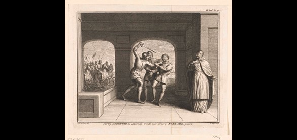 Moord op Godfried de Noorman door schilder Jacobus van Dijck (1817-1896)