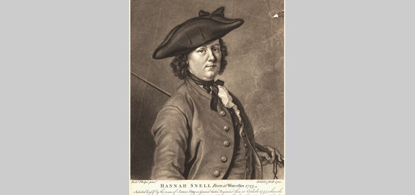 Hannah Snell was een Britse vrouw die zich als man vermomde en soldaat werd. Tekening door Richard Phelps, reproductie John Faber Jr, 1750.