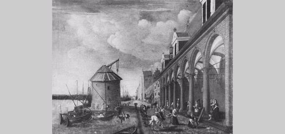 De kraanpoort aan de Waalkade in Nijmegen omstreeks 1750. De Waal bracht economische activiteit in de vorm van visserij, bedrijvigheid en handel.