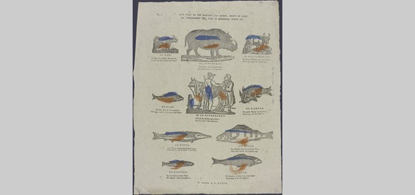 Deze centsprent uit ca 1830 geeft het belang van riviervisserij aan. Van de negen voor mensen belangrijke dieren, zijn zes vissen die ook op de Waal gevangen werden.