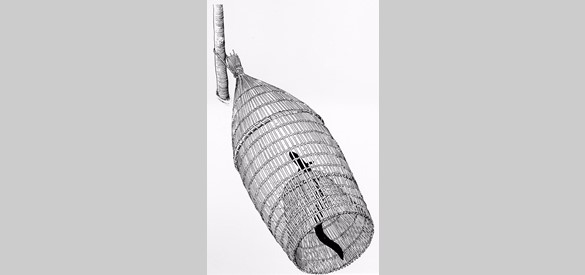 Reconstructie van uit twijgen gevlochten visfuik van ruim 6000 jaar geleden, gevonden bij Bergschenhoek.