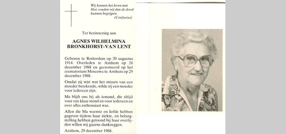 Bidprentje Agnes Wilhelmina van Lent 1914-1988