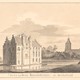 Huis Scherpenzeel in 1749 getekend door Pieter Jan van Liender. De woontoren uit de veertiende eeuw is in het midden nog duidelijk te herkennen aan de hoger geplaatst kap en de torentjes. © Rijksmuseum