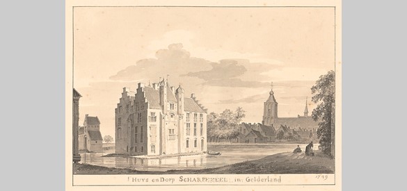 Huis Scherpenzeel in 1749 getekend door Pieter Jan van Liender. De woontoren uit de veertiende eeuw is in het midden nog duidelijk te herkennen aan de hoger geplaatst kap en de torentjes.