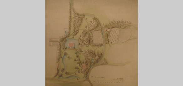Ontwerp uit 1859 van de landschapsarchitect S.A. van Lunteren met grachtvijver, koetshuis, oranjerie en poorthuis met poort.