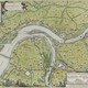 Splitsingspunt van Rijn en Waal bij de Schenkenschans omstreeks 1640. De Waal was toen al een grotere tak dan de Rijn. Rond het splitsingspunt liggen veel fortificaties. Noord is onder. © Atlas van Loon, Joh. Jacobi Schort, ca. 1640