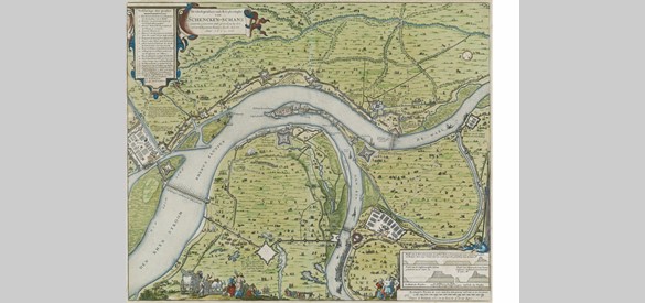 Splitsingspunt van Rijn en Waal bij de Schenkenschans omstreeks 1640. De Waal was toen al een grotere tak dan de Rijn. Rond het splitsingspunt liggen veel fortificaties. Noord is onder.