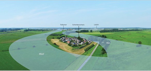 De huidige Schenkenschans met de ligging van de Waal en de Rijn die hier ooit lagen, maar door rivierverschuivingen een totaal andere ligging hebben gekregen