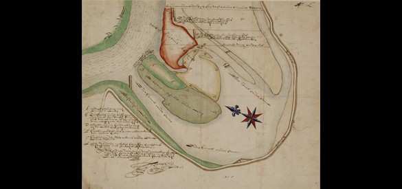 De Kil bij Hurwenen, een afgesneden Waalbocht, op een kaart uit 1655. Aan de nabijheid van het water bij de dijken is te zien hoe gevaarlijk deze stroom was geweest.
