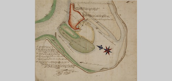 De Kil bij Hurwenen, een afgesneden Waalbocht, op een kaart uit 1655. Aan de nabijheid van het water bij de dijken is te zien hoe gevaarlijk deze stroom was geweest.