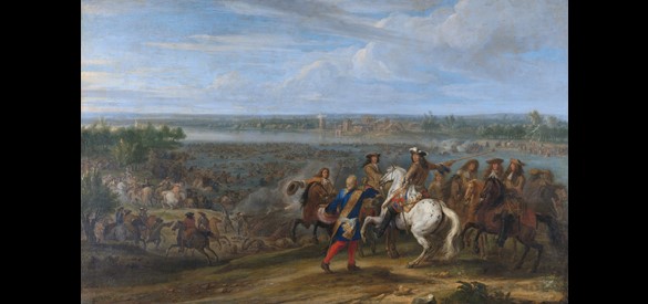 Lodewijk XIV kijkt op de Elterberg toe hoe zijn troepen de verzande Rijn oversteken.