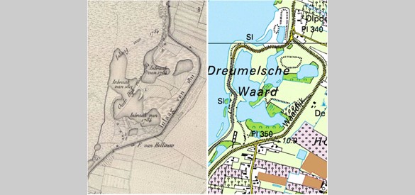 Op de rivierkaart van 1830 de ligging van vroegere dijken en jaartallen bij wielen. Nu scheidt een kade de wielen af van een grote zandwinput in de uiterwaarden.