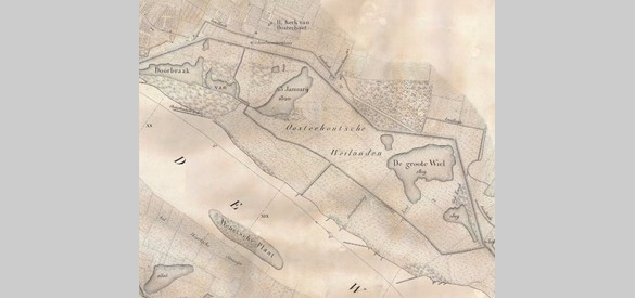De uiterwaarden bij Oosterhout op een rivierkaart van omstreeks 1830. De overstromingskolken zijn aangegeven met de datum van hun ontstaan. Midden-boven is de Verburgtskolk.