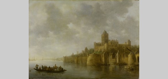 Nijmegen aan de Waal, met de ommuring en de Valkhofburcht op een schilderij van Jan van Goyen, 1641. Van dit schilderij bestaan 30 variaties, onder andere te zien in Museum Het Valkhof.