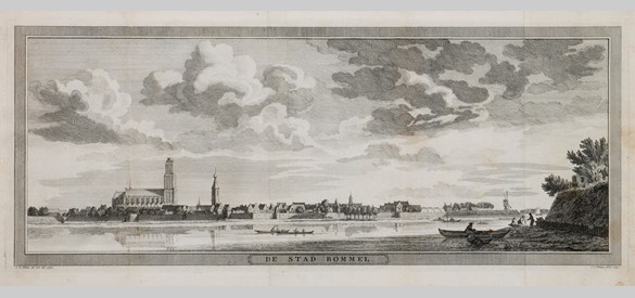 Panoramisch gezicht op de stad Zaltbommel vanaf de Waal. Uit: Hedendaagsche Historie of Tegenwoordige staat der Vereenigde Nederlanden 1732 – 1740.