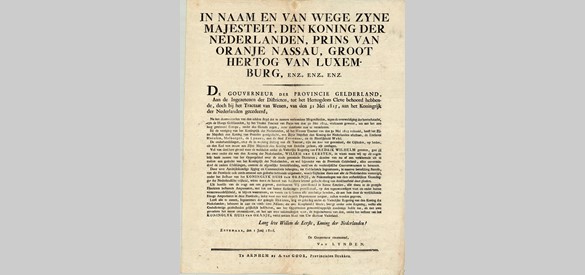 De proclamatie van 1 juni 1816 zoals afgekondigd door gouverneur J.C.E. van Lynden op de markt van Zevenaar