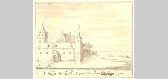 Tekening van Jacob Stellingwerf van kasteel Kell, zoals het er misschien heeft uitgezien in 1595