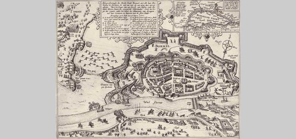 Belegering van de stad Zaltbommel in 1599 door de Spanjaarden. Noord is onder. Rechtsonder is de schipbrug over de Waal te zien. Links het Spaanse leger.