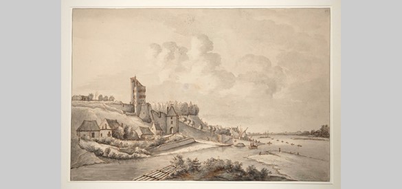 Op deze pentekening uit 1827 is te zien dat de Waal bij Nijmegen ondiepten en zandbanken kent. Op de achtergrond de Gierpont met drijvers aan de kabel.